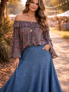 Vintage Style Denim Maxi Skirt A-Line Fit And Flare Paneled Boho Size 18